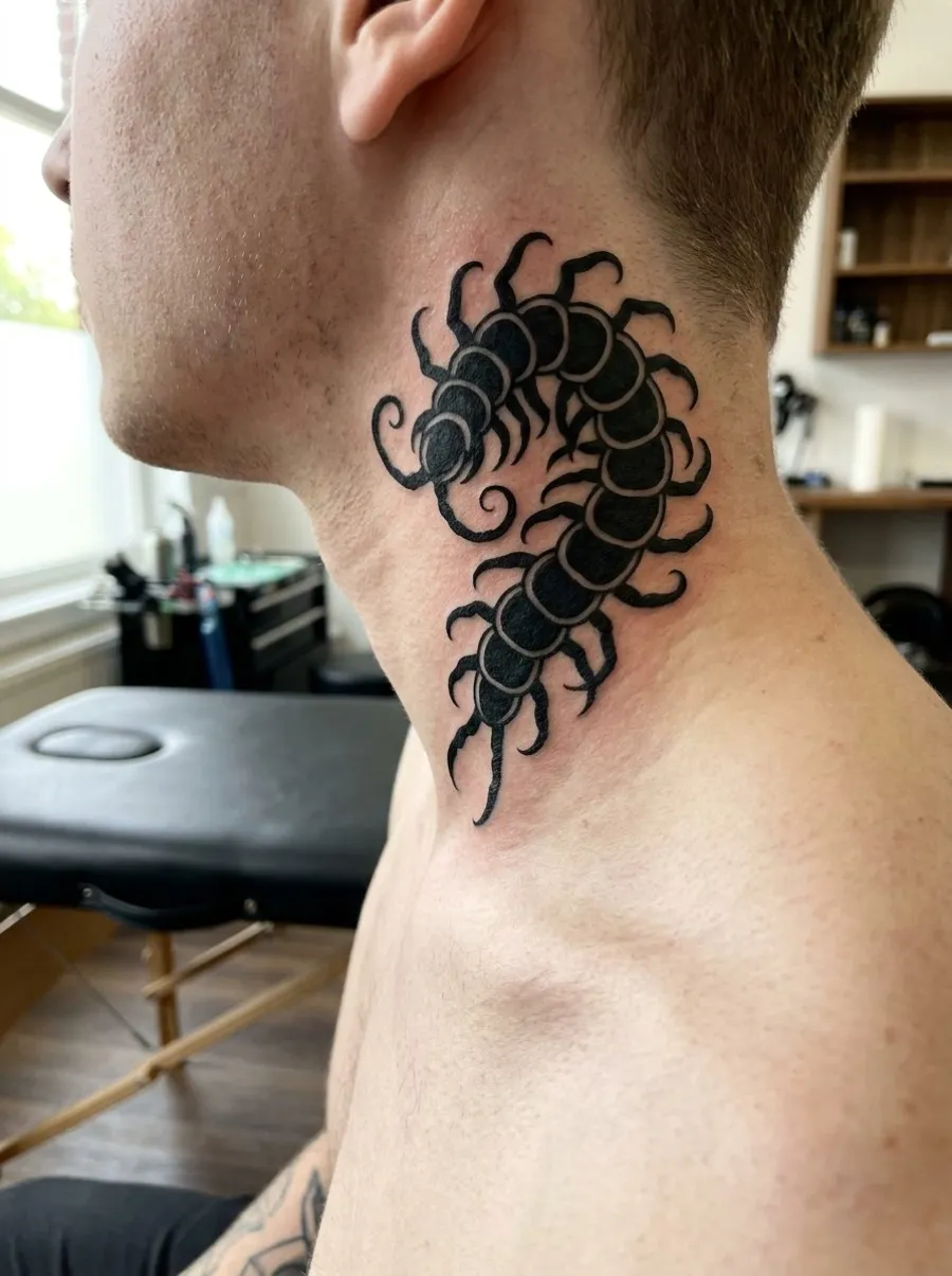 Tatouage blackwork représentant un mille-pattes stylisé aux courbes fluides, entièrement rempli d'encre noire, sur le côté de la nuque d'une personne
