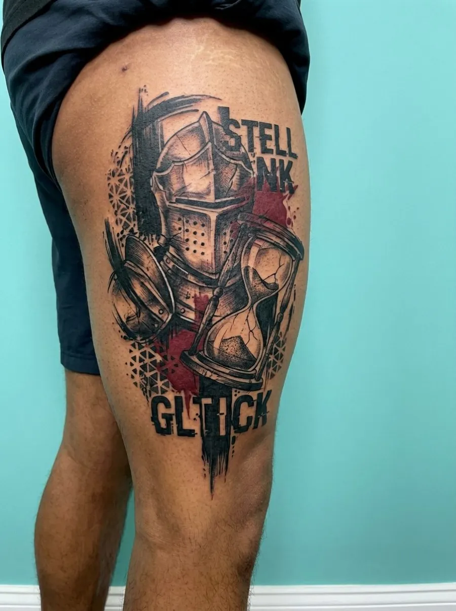Tatouage trash polka représentant un chevalier médiéval et une clepsydre fissurée sur une cuisse, encre noire et rouge, éclaboussures graphiques