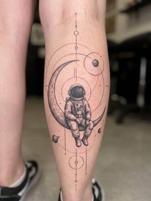 Astronaute sur lune croissant, dotwork géométrique – Mollet
