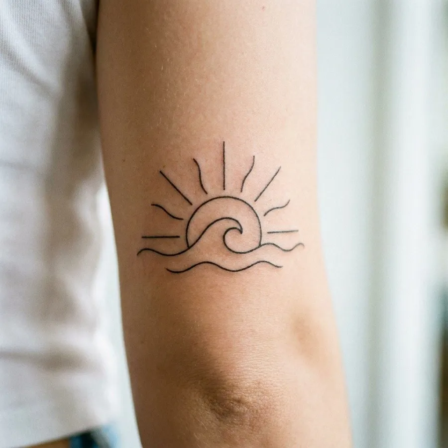 Petit tatouage minimaliste noir sur l'arrière du bras au-dessus du coude : soleil levant en demi-cercle avec rayons alternés et vague centrale, deux l