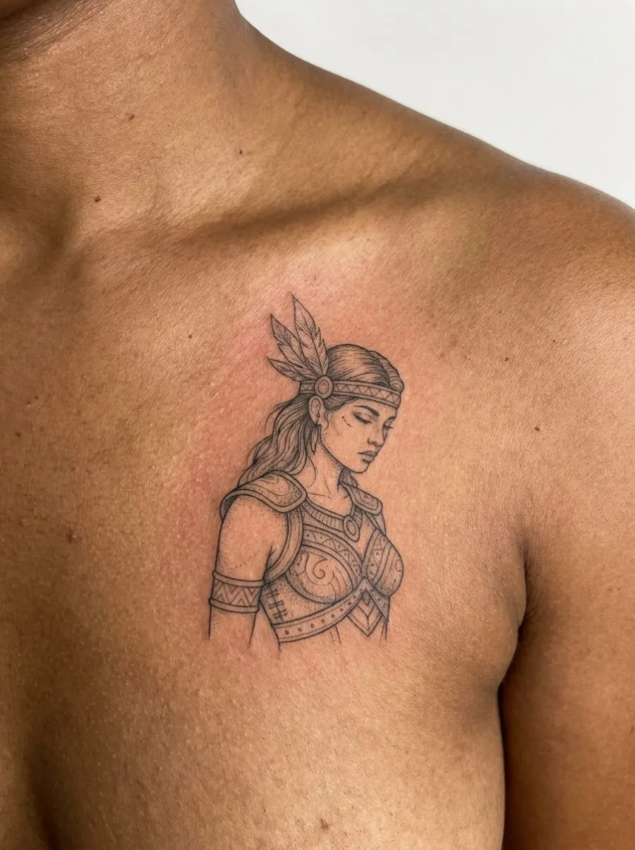 Tatouage fineline sur torse, portrait de guerrière amazone avec bandeau à plumes et armure détaillée, lignes ultra-fines, peau brune, photo macro post