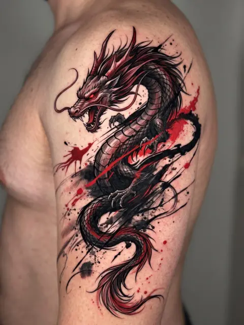 Dragon oriental rouge et noir néo-japonais sur épaule