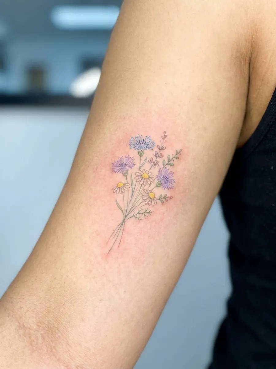 Tatouage fineline récent sur le bras intérieur représentant un petit bouquet de fleurs sauvages aux traits ultra-fins colorés en tons pastel