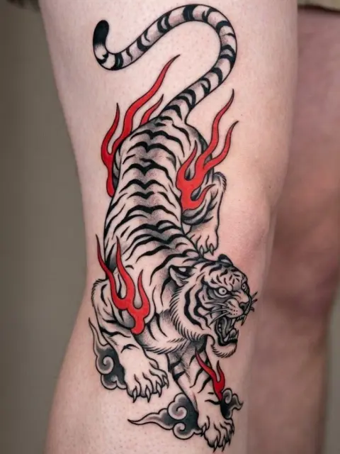 Tatouage tigre blanc et flammes néo-japonais sur genou et cuisse