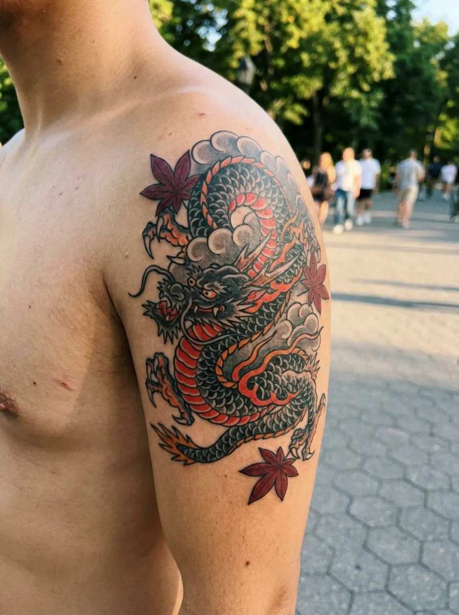 Tatouage japonais sur épaule représentant un dragon féroce enroulé parmi des nuages tourbillonnants et des feuilles d'érable rouges, contours noirs ép