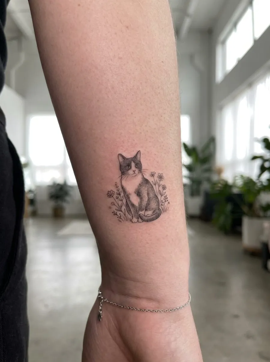 Tatouage micro illustratif d'un chat tuxedo noir et blanc assis entouré de petites fleurs, réalisé à l'épaule avec traits fins et ombrage doux