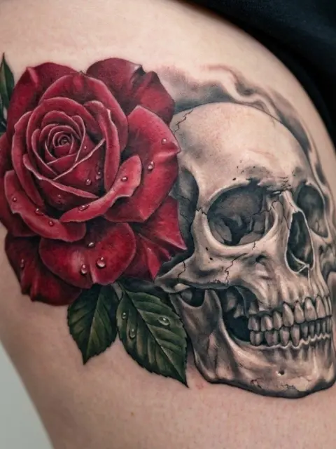 Tatouage crâne et rose réaliste sur cuisse