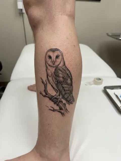 Tatouage hibou réaliste black & grey mollet moyen