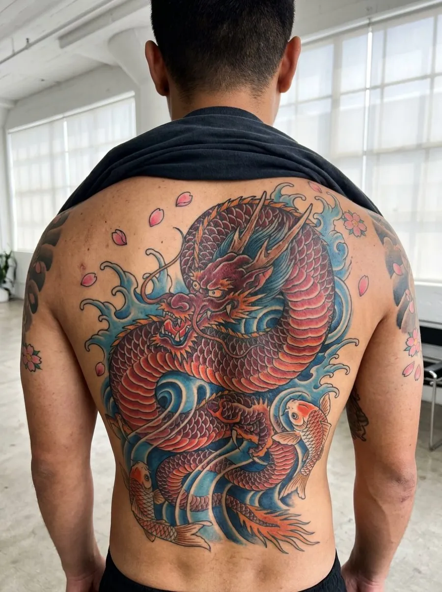 Tatouage japonais dos complet avec grand dragon rouge et bleu entouré de vagues, deux carpes koï orange et blanc, fleurs de cerisier roses dispersées