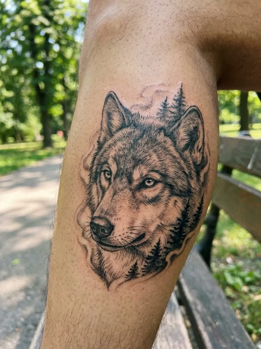 Tatouage réaliste d'une tête de loup en noir et gris avec brume et forêt en arrière-plan sur le côté du mollet, peau claire, lumière naturelle
