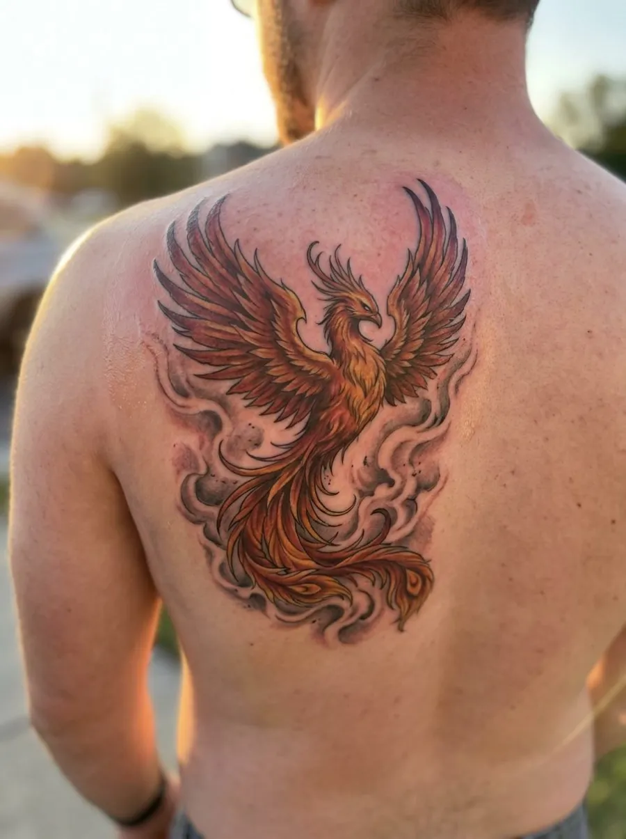 Tatouage réaliste d'un phénix aux plumes détaillées en tons orange, rouge et jaune, couvrant le haut du dos d'une personne à peau claire