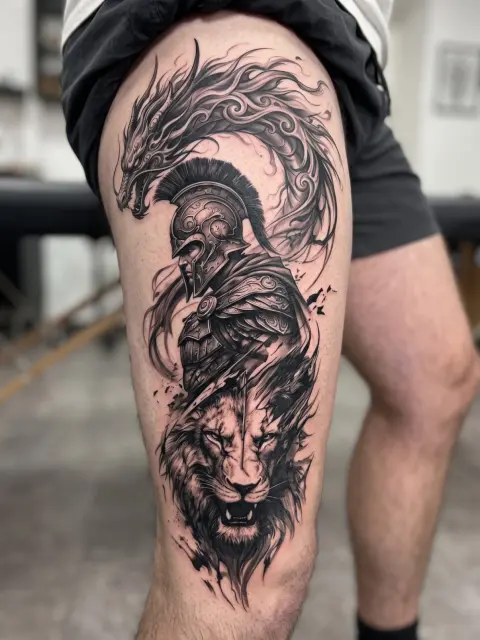 Guerrier spartiate, lion et dragon – Black & Grey – Cuisse