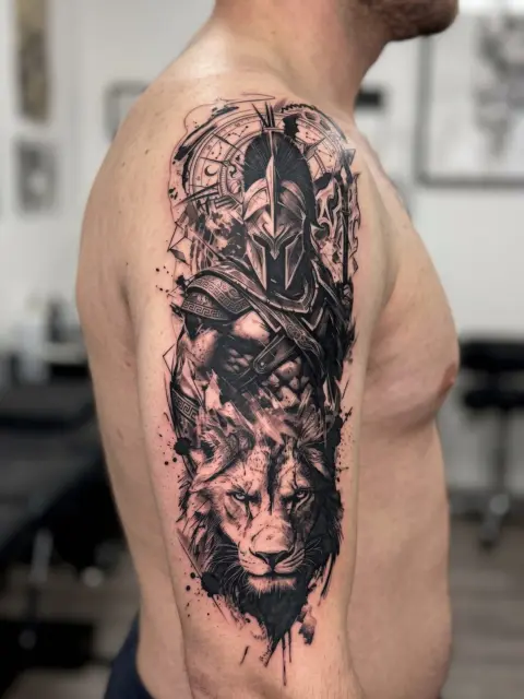 Guerrier spartiate et lion, Black & Grey, Épaule