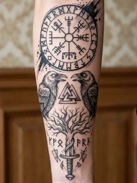 Tatouage Viking avant-bras : vegvísir, corbeaux et valknut