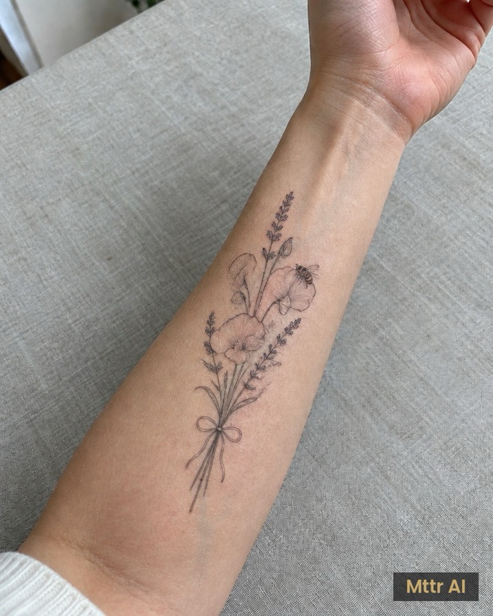 Aperçu d'un bouquet de fleurs tatoué sur un avant-bras